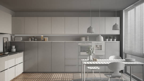istock Unfinished project of modern kitchen with table and chairs, herringbone parquet floor, white minimalist interior design 852707808