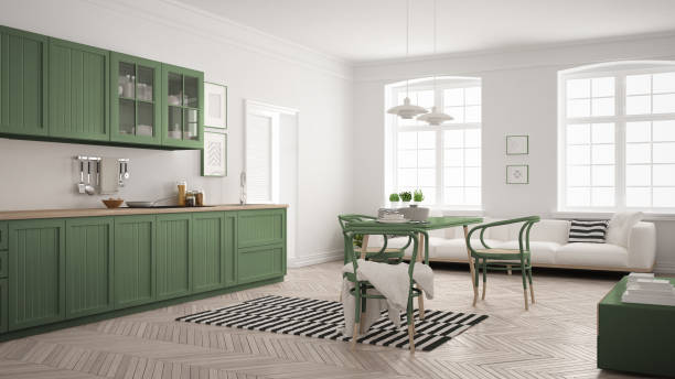 istock Minimalist modern kitchen with dining table and living room, white and myrtle green scandinavian interior design 852707978