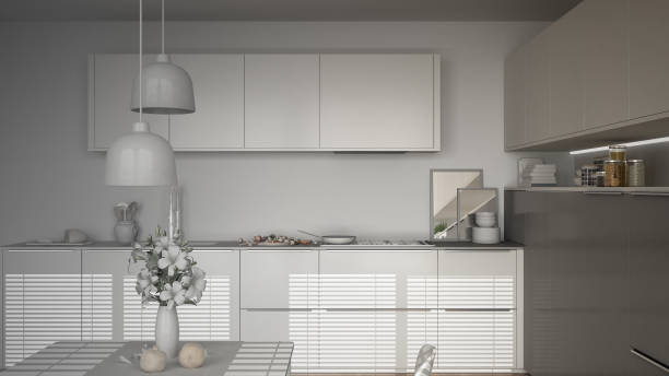 istock Unfinished project of modern kitchen with table and chairs, herringbone parquet floor, white minimalist interior design 852718236