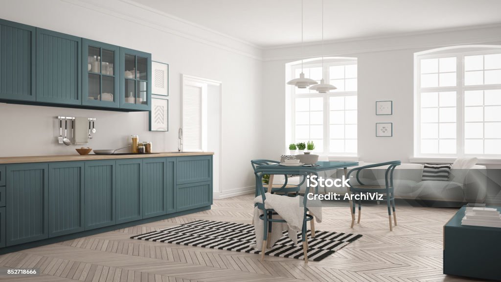 Minimalist modern kitchen with dining table and living room, white and air force blue scandinavian interior design Kitchen Stock Photo