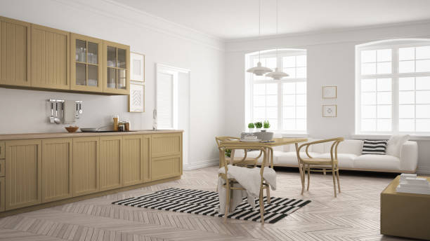 istock Minimalist modern kitchen with dining table and living room, white and khaki yellow scandinavian interior design 852719380