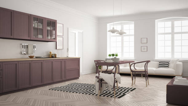 istock Minimalist modern kitchen with dining table and living room, white and violet red scandinavian interior design 852720732