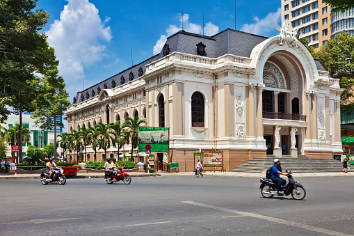HO CHI MINH, VIETNAM - APRIL 28, 2014: The historic Saigon Opera House (Municipal Theater) on Dong Khoi Street in Ho Chi Minh city. Ho Chi Minh City is a popular tourist destination of Asia.