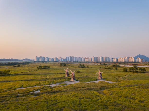 Aerial view of Windmill in the Incheon Sohrae Ecological Park, South Korea Aerial view of Windmill in the Incheon Sohrae Ecological Park, South Korea incheon stock pictures, royalty-free photos & images