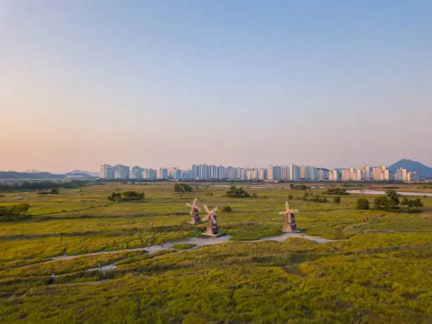 Aerial view of Windmill in the Incheon Sohrae Ecological Park, South Korea