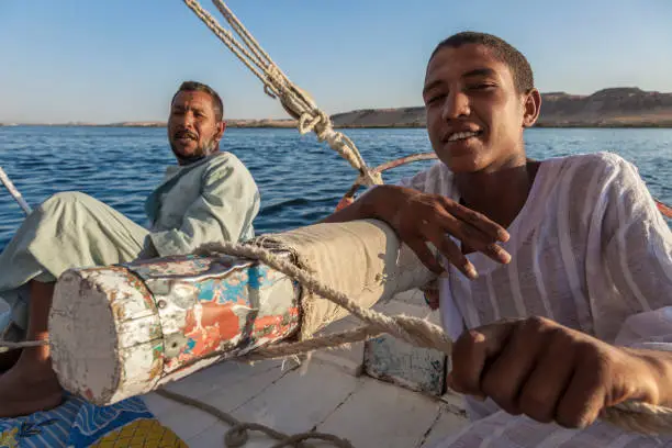 Local fishermen on Felucca Boat in the Nile River.