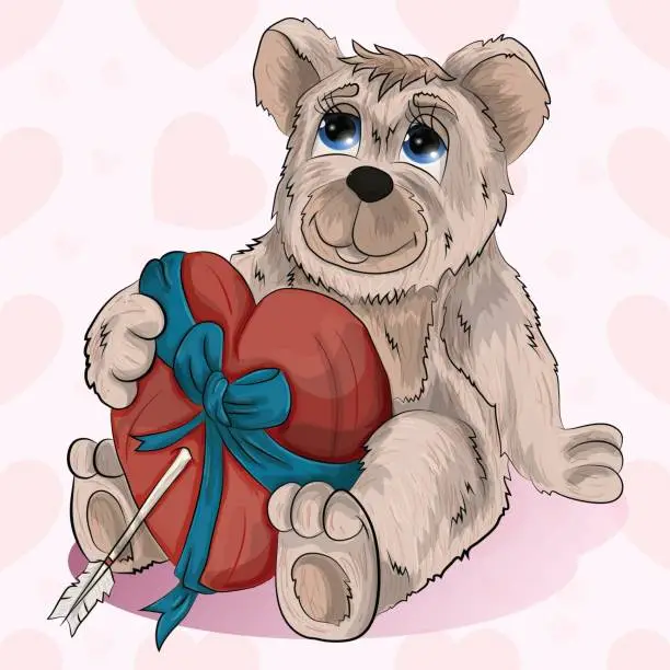Vector illustration of little bear holds his heart in ribbon