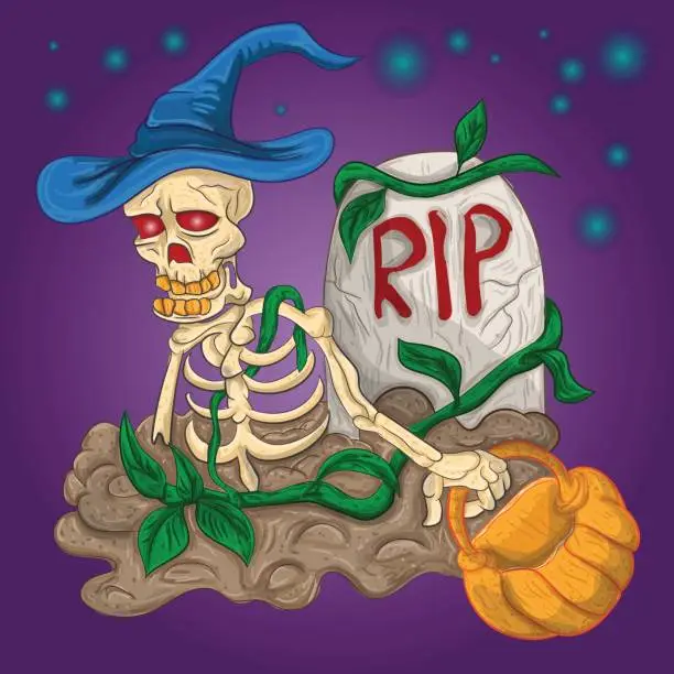 Vector illustration of The skeleton in the wizard's hat climbed out of the grave