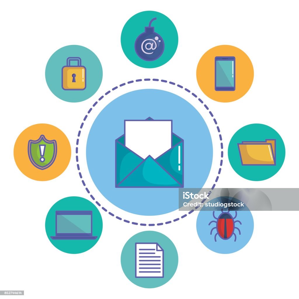 Cyber security design Envelope with letter sticker and cyber security related icons over white background vector illustration Accessibility stock vector