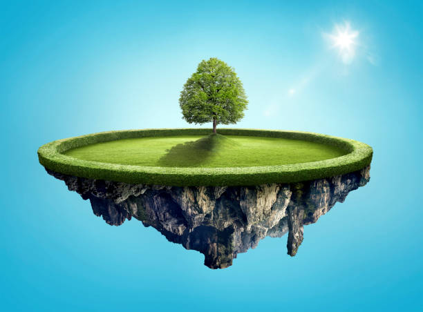 istock Amazing island with tree floating in the air under lovely sun ray 852750800