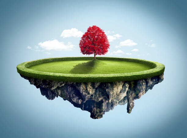 istock Amazing island with red tree floating in the air 852750860