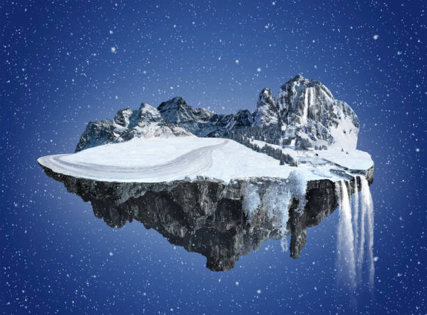 istock Magic winter island with floating islands, water fall and falling snow 852751050