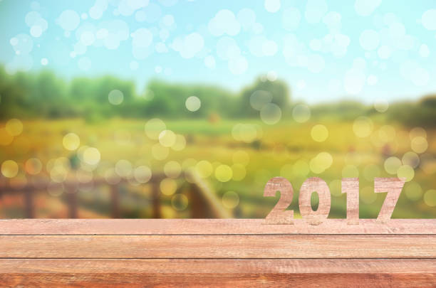 istock Empty wooden table and blurred flowers background with 2017.can be used for montage or display your products. 852754006