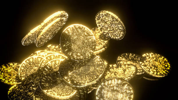 tesoro de monedas de oro antiguas aztecas robado por ilustración 3d piratas - token gold coin treasure fotografías e imágenes de stock