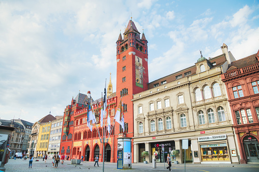 BASEL - AUGUST 25: Marktplatz with the Rathaus on August 25, 2017 in Basel, Switzerland.