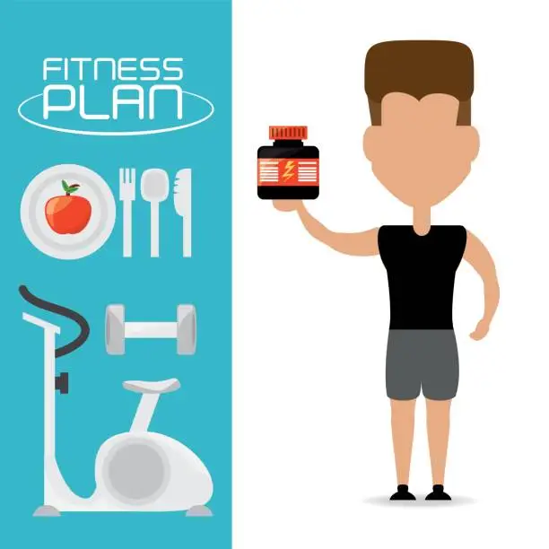 Vector illustration of fitness man with protein in the hand