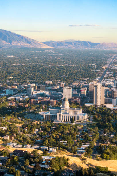 Salt Lake City downtown landmarks Utah USA aerial view Salt Lake City downtown landmarks Utah USA aerial view salt lake county stock pictures, royalty-free photos & images