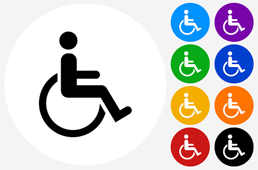 Wheelchair Disability on Flat Round Button. The icon is black and is placed on a round blue vector button. The button is flat white color and the background is light. The composition is simple and elegant. The vector icon is the most prominent part if this illustration. There are eight alternate button variations on the right side of the image. The alternate colors are orange, red, purple, yellow, black, green, blue and indigo.