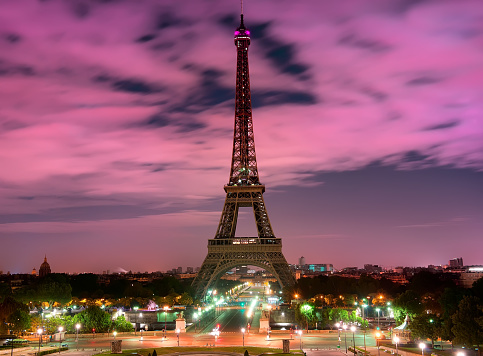 Eiffel Tower and purple sky in evening, Paris