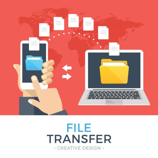 ilustrações de stock, clip art, desenhos animados e ícones de file transfer. hand holding smartphone with folder on screen and documents transferred to laptop. copy files, backup, file sharing concepts. modern flat design vector illustration - smart phone technology file sharing