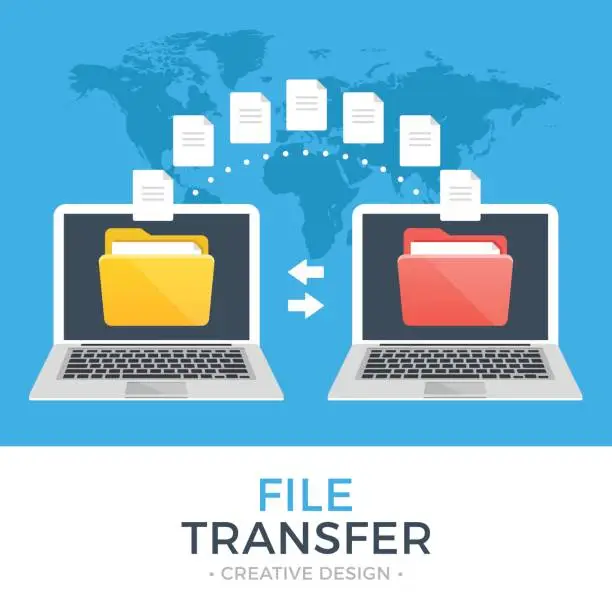 Vector illustration of File transfer. Two laptops with folders on screen and transferred documents. Copy files, data exchange, backup, PC migration, file sharing concepts. Flat design vector illustration