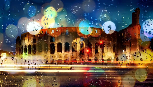 boke colosseum italien - blue rain rome italy stock-fotos und bilder