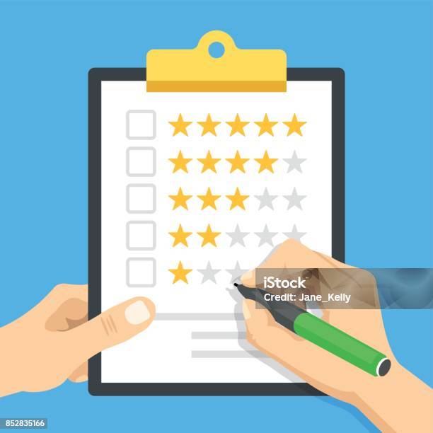 Clipboard With Star Rating Hand Holding Clipboard And Hand Holding Pen Ready To Check Checkbox Customer Review Quality Control Marketing Evaluation Concept Modern Flat Design Vector Illustration Stock Illustration - Download Image Now