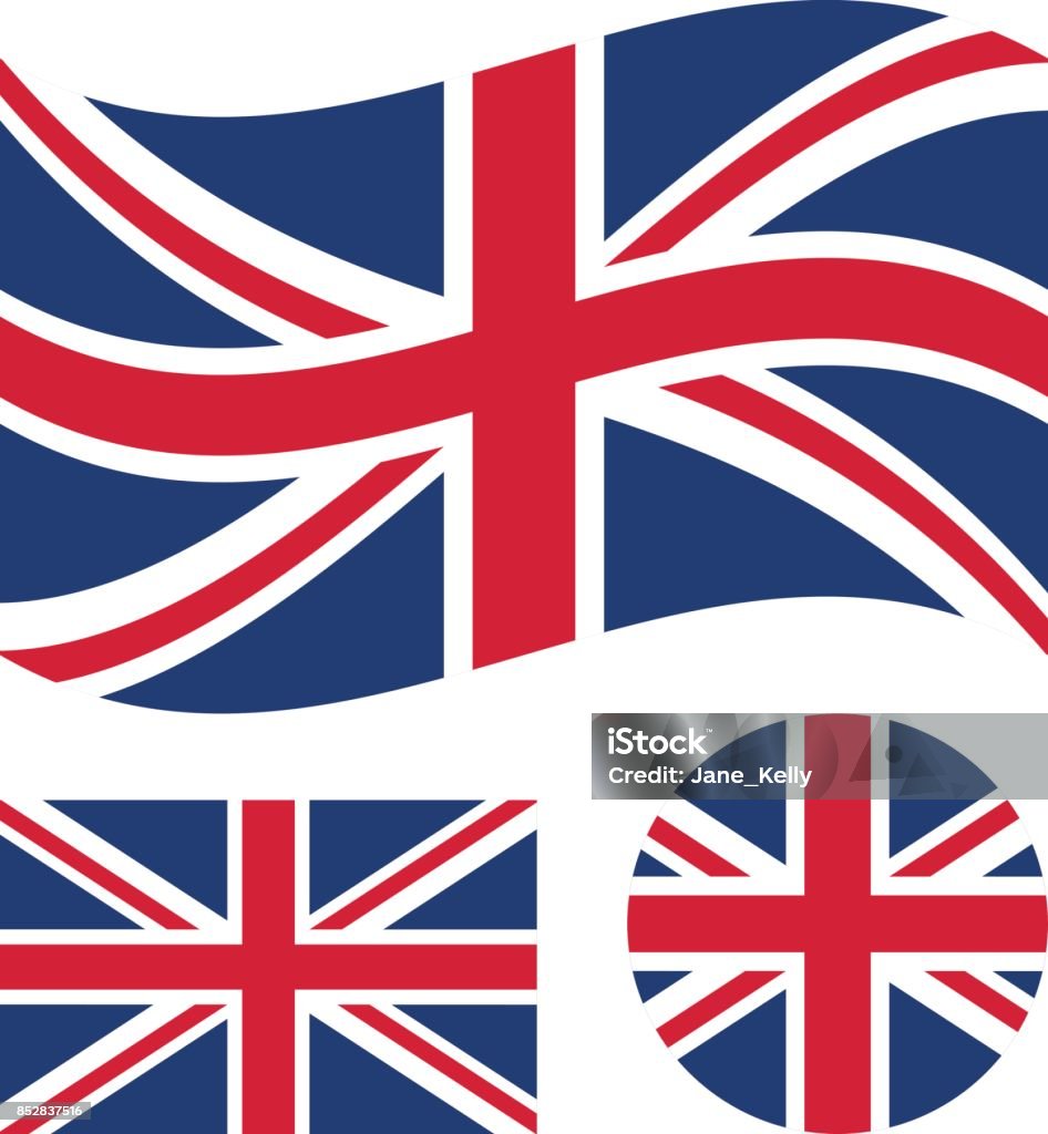 Great britain flag set. Rectangular, waving and round circle Union Jack flag. UK, british national symbol. Vector icons Great britain flag set. Rectangular, waving and round circle Union Jack flag. UK, british national symbol. Vector icons isolated on white background British Flag stock vector