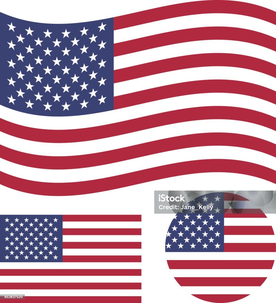 Set di bandiere americane. Bandiera statunitense rettangolare, sventolante e rotonda. Simbolo nazionale degli Stati Uniti d'America. Icone vettoriali - arte vettoriale royalty-free di Bandiera degli Stati Uniti