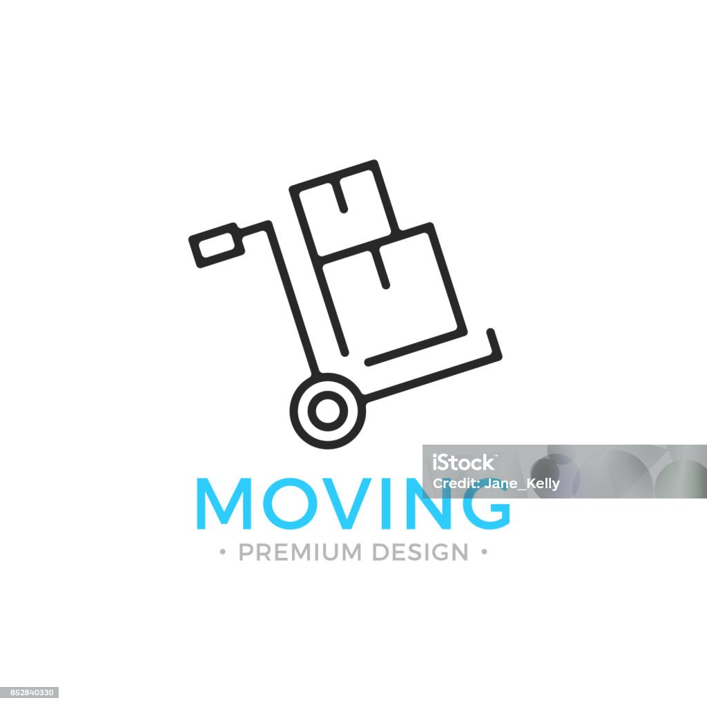 Moving line icon. Hand truck with cardboard boxes. Relocation concept. Simple linear design. Black vector moving icon Moving line icon. Hand truck with cardboard boxes. Relocation concept. Simple linear design. Black vector moving icon isolated on white background Icon Symbol stock vector