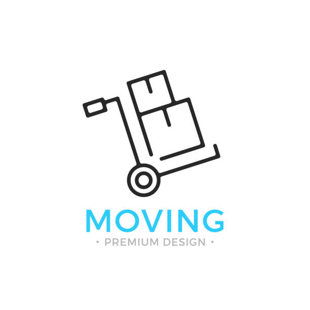 Moving line icon. Hand truck with cardboard boxes. Relocation concept. Simple linear design. Black vector moving icon Moving line icon. Hand truck with cardboard boxes. Relocation concept. Simple linear design. Black vector moving icon isolated on white background sack barrow stock illustrations