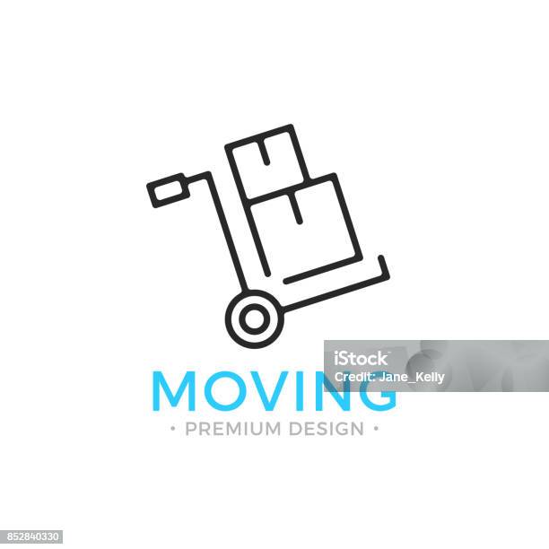 Moving Line Icon Hand Truck With Cardboard Boxes Relocation Concept Simple Linear Design Black Vector Moving Icon Stock Illustration - Download Image Now