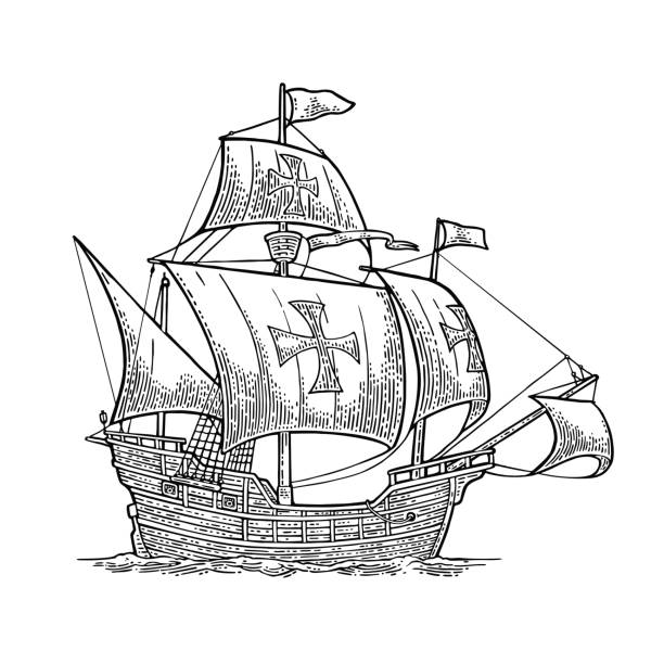 Sailing ship floating on the sea waves. Caravel Santa Maria. Sailing ship floating on the sea waves. Caravel Santa Maria. Hand drawn design element. Vintage black vector engraving illustration isolated on white on white background. For poster Day Columbus columbus stock illustrations