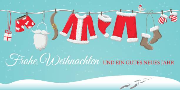 ilustrações, clipart, desenhos animados e ícones de cartão de natal com roupa de papai noel (alemão) - laundry clothing clothesline hanging