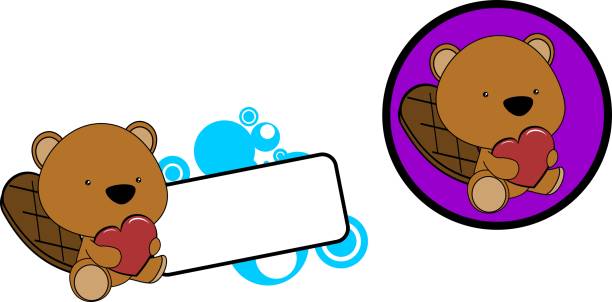 Cute lovely baby beaver cartoon heart set sticker Cute lovely baby beaver cartoon heart set sticker in vector format very easy to edit clip art of baby beaver stock illustrations