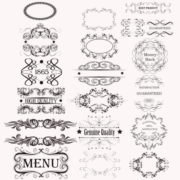 Set or collection of vector calligraphic elements and page decorations Collection or set of vector calligraphic frames for design swashbuckler stock illustrations