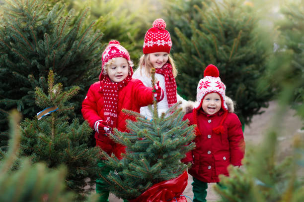 istock Kids selecting Christmas tree. Xmas gifts shopping. 852952428