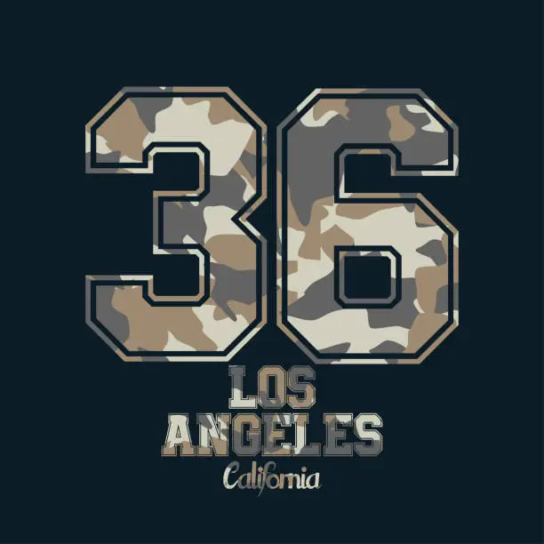 Vector illustration of Camouflage typography for clothes with lettering Los Angeles, California, 36. Typography for t-shirt
