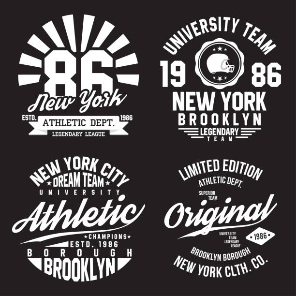 new york, brooklyn typografie für den t-shirt druck. sport, sportliche t-shirt grafiken eingestellt. abzeichen-sammlung - rugby shirt stock-grafiken, -clipart, -cartoons und -symbole