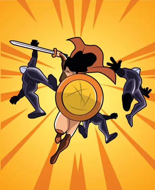 Vector illustration of Vector Female Warrior Superhero Running Through Her Enemies