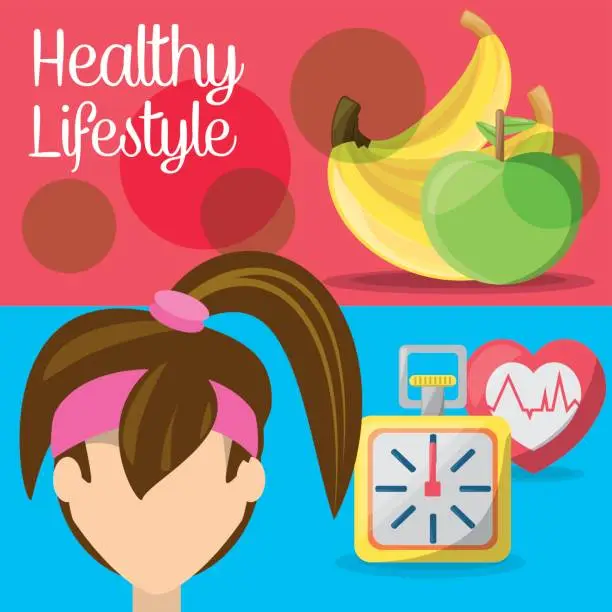 Vector illustration of fitness woman with fruits, chronometer and heartbeat