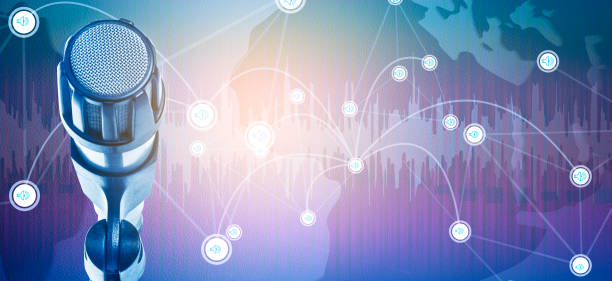 istock Double Exposure microphone icon and a map of the world. 852999492