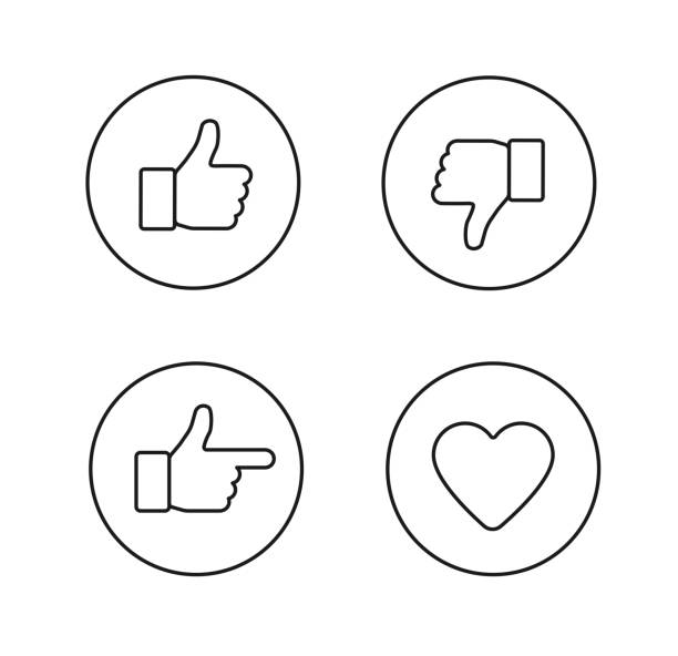 Set of glossy internet icons Thumbs up thin line icons set. Outline style circle vector icons isolated on white background thumb stock illustrations