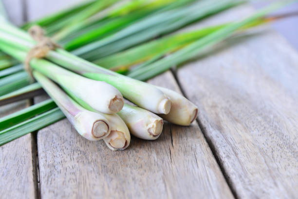 istock Fresh lemongrass  on wooden texture in cooking concept. 853020902