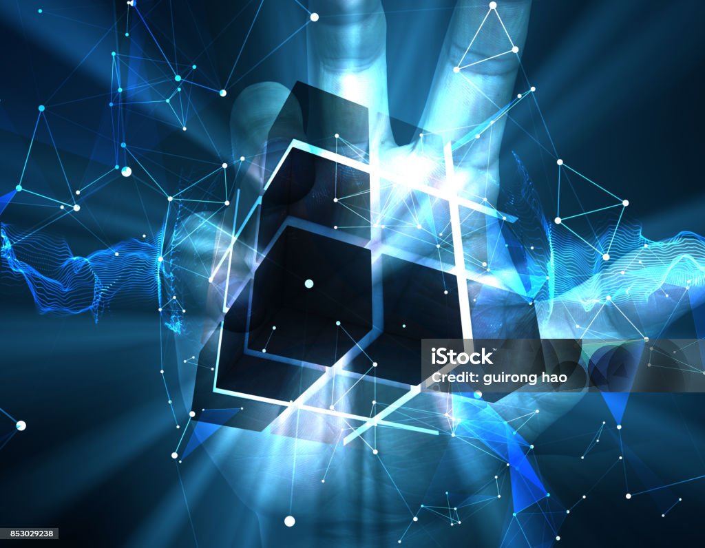 Technology cube, human technology Three-dimensional synthetic works, representing the human civilization, science and technology password, scientific research Puzzle Cube Stock Photo