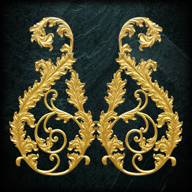 istock Ornament elements, vintage gold floral designs on black slate background or texture 853045764