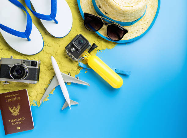 istock Summer travel fashion and object on blue copy space 853048238