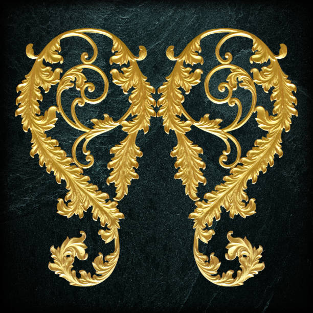 istock Ornament elements, vintage gold floral designs on black slate background or texture 853049040