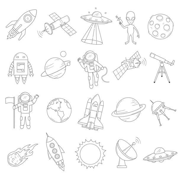 ilustraciones, imágenes clip art, dibujos animados e iconos de stock de conjunto de vector de espacio objeto - equipment group of objects space moon