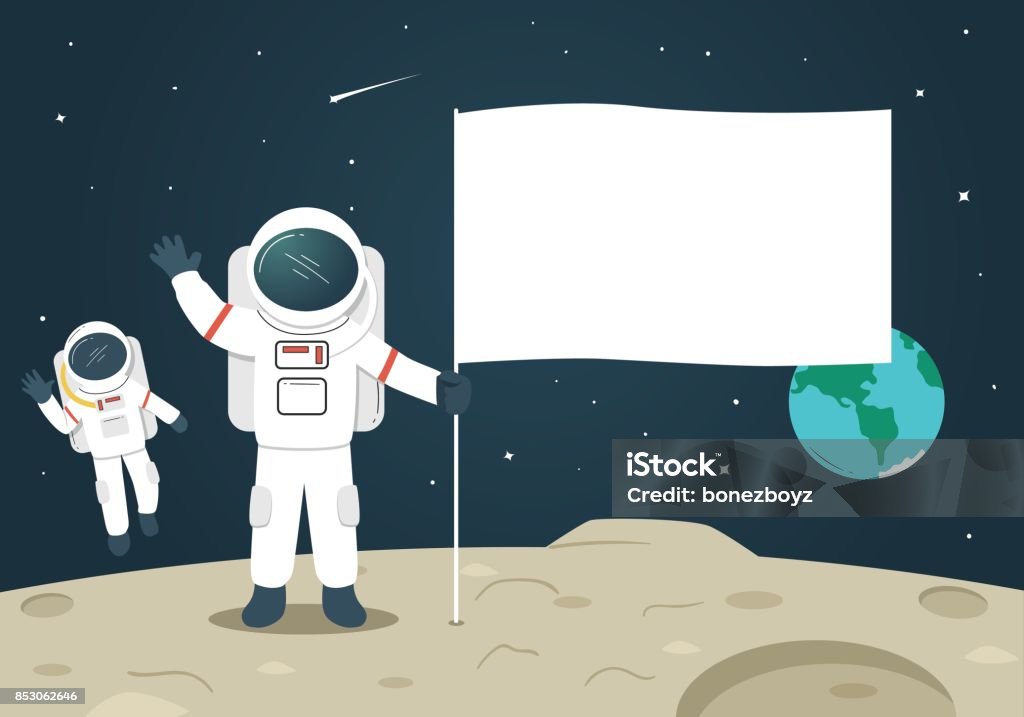 Astronaut with Blank Flag / Banner on the Moon Astronaut holding blank flag on the moon Astronaut stock vector